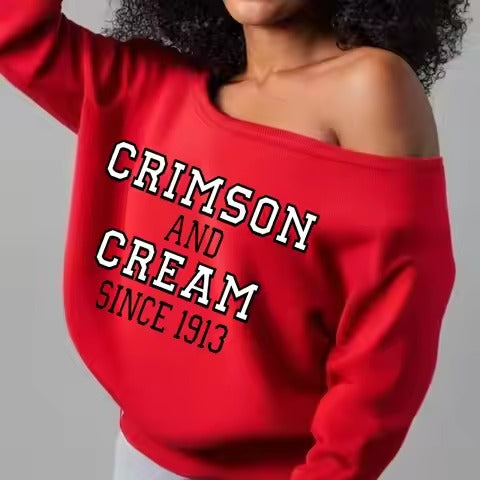 DST Crimson and Cream Off The Shoulder Sweatshirt