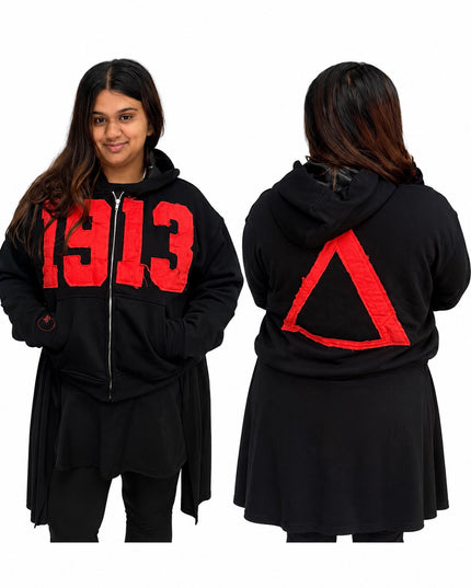 Front and back view of black 1913 distressed hoodie jacket with red Delta Sigma Theta details