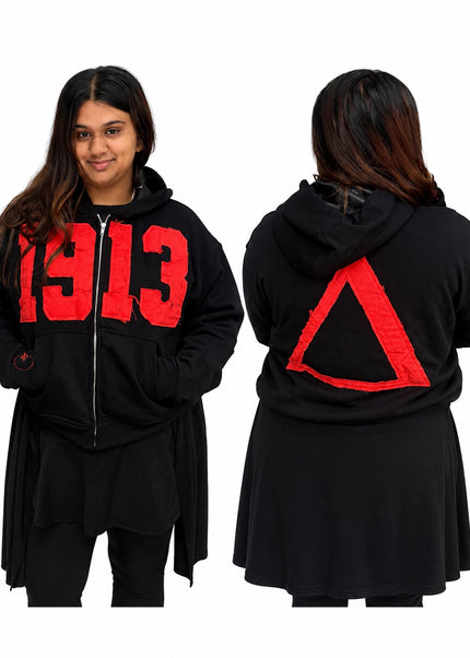 Front and back view of black 1913 distressed hoodie jacket with red Delta Sigma Theta details
